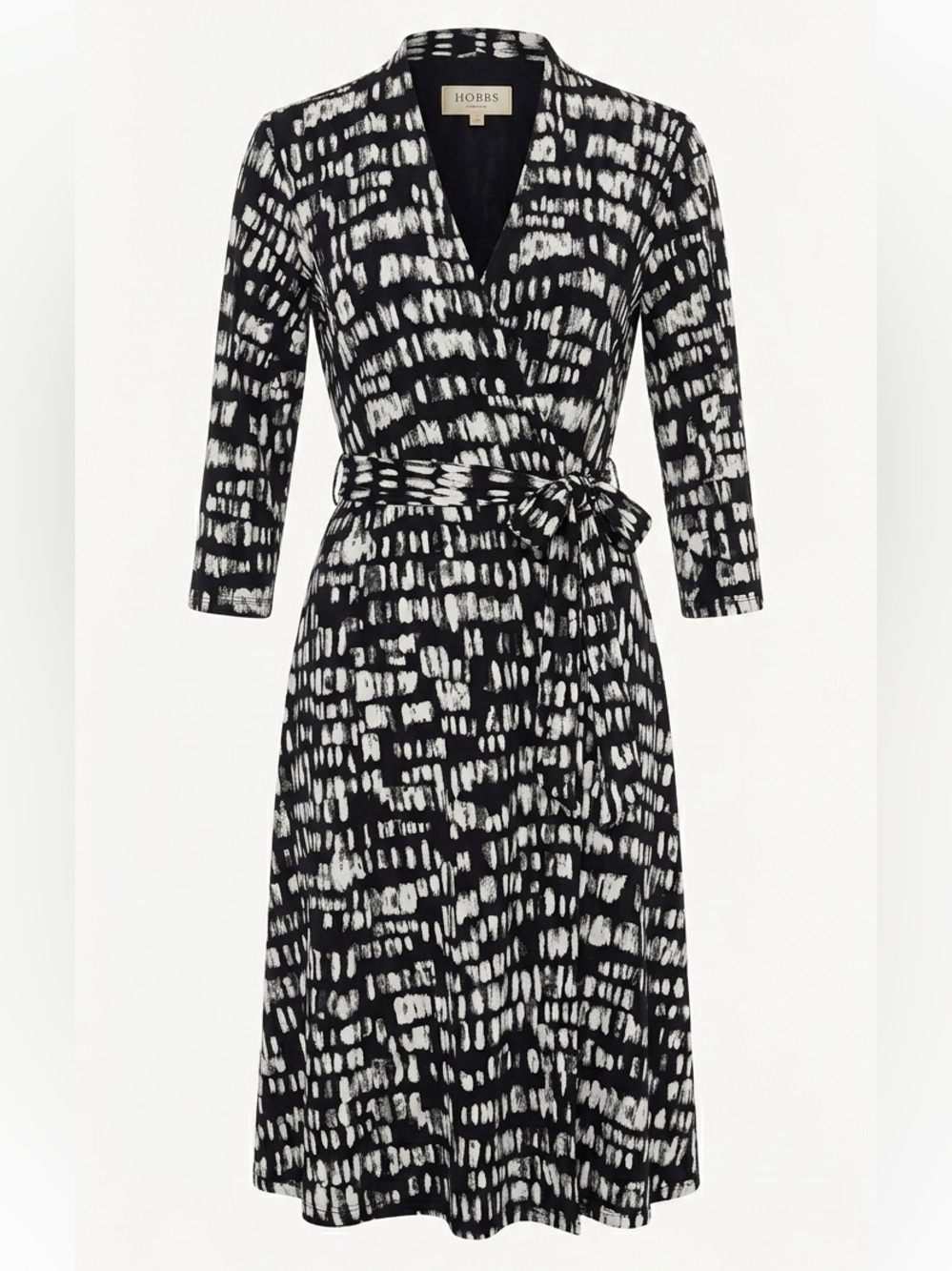 Hobbs London Midi  Black White Abstract Geometric Wrap Dress US 10